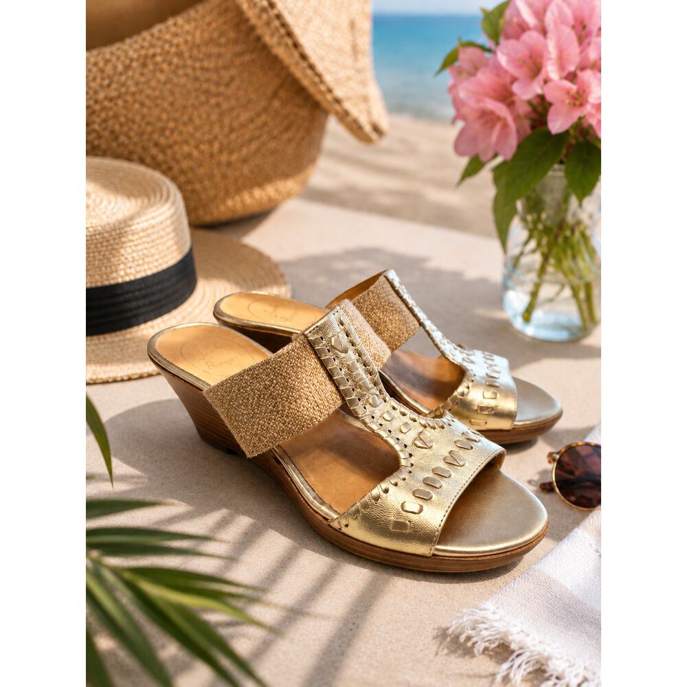 JACK ROGERS Nora Neutral Tan & Metallic Gold Wedge Sandals Size 8.5